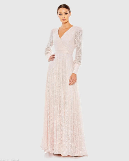 Beaded Lace Long Sleeve Wrap Over Gown
