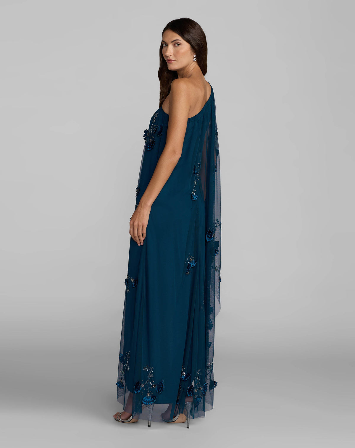 Blue One Shoulder Embellished Kaftan Gown