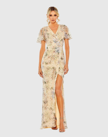 Beige Flutter Sleeve Embellished Evening Gown