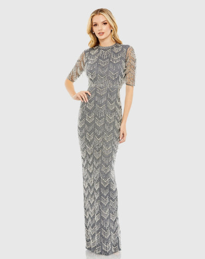 Gray Beaded Fringe Quarter Sleeve Column Gown - FINAL SALE