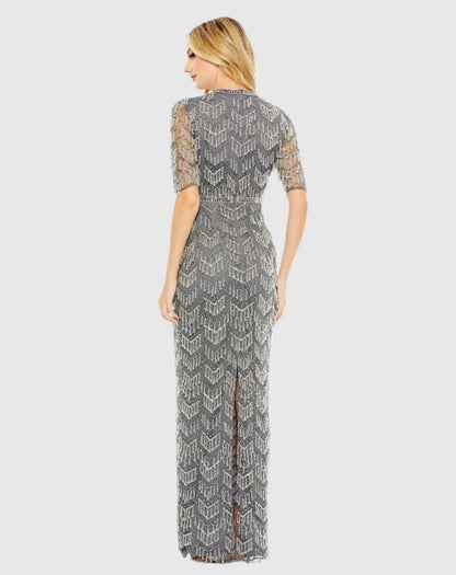 Gray Beaded Fringe Quarter Sleeve Column Gown - FINAL SALE