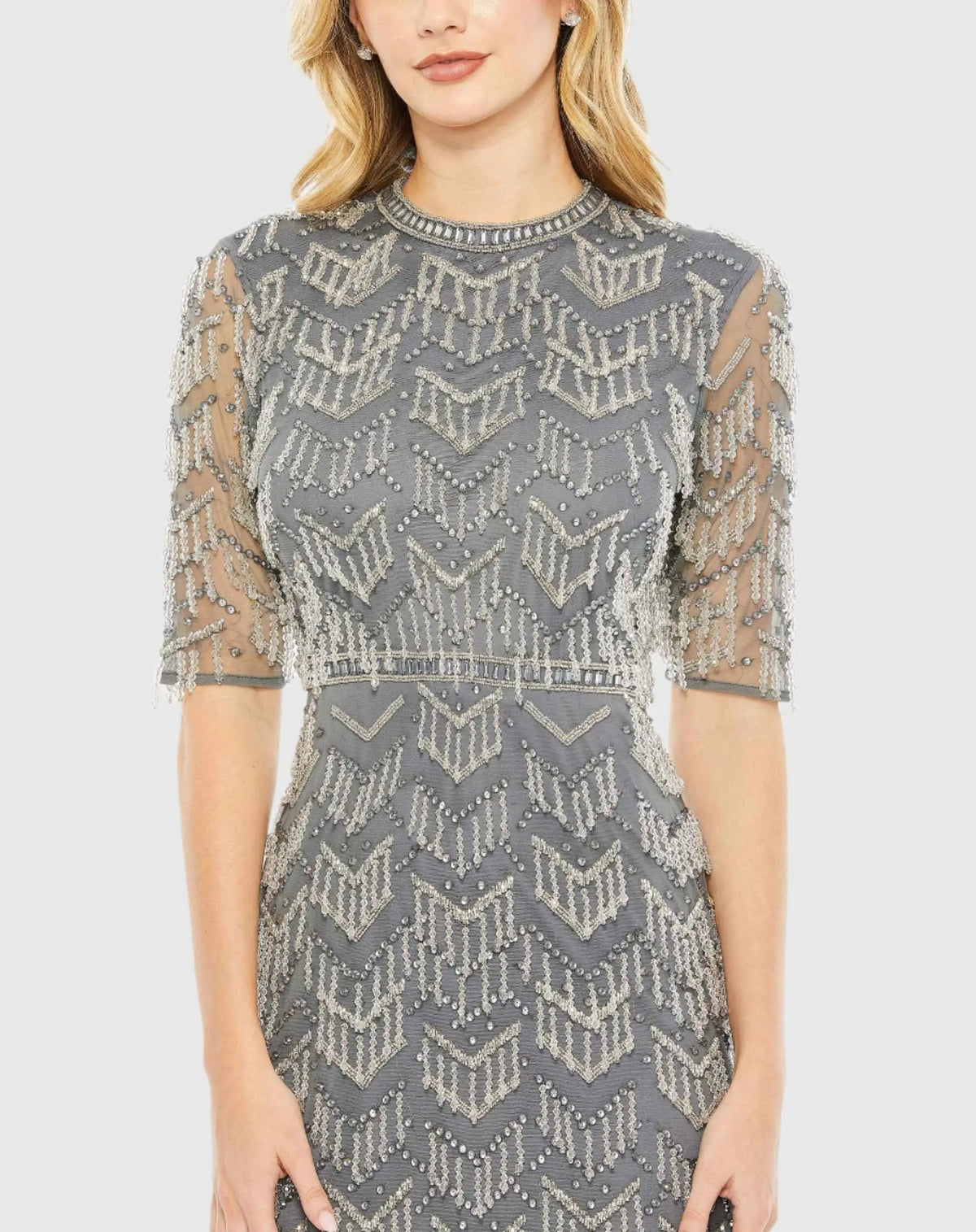 Gray Beaded Fringe Quarter Sleeve Column Gown - FINAL SALE