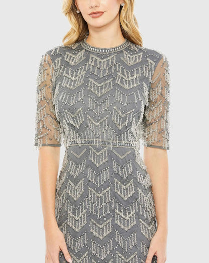 Gray Beaded Fringe Quarter Sleeve Column Gown - FINAL SALE