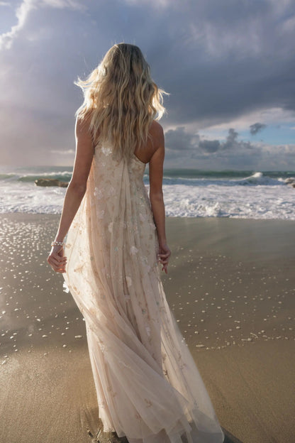 Beige One Shoulder Floral Embellished Trapeze Gown