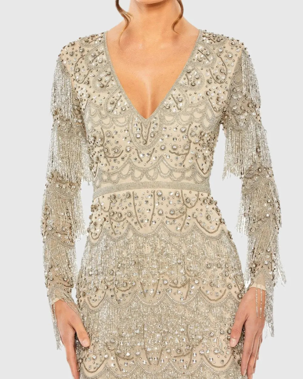 Beige V-Neck Long Sleeve Beaded Fringe Dress