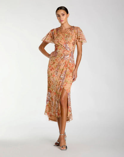 Embellished Floral Flutter Sleeve Midi Dress