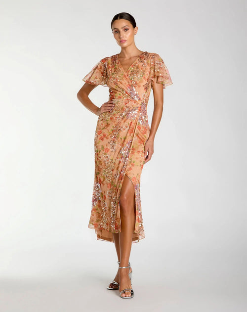 Embellished Floral Flutter Sleeve Midi Dress