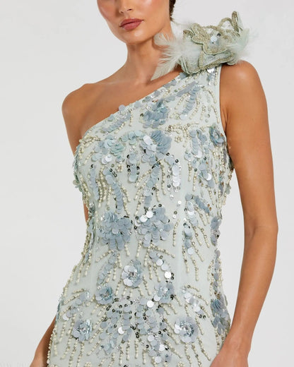 Green Embellished One Shoulder Trumpet Gown with Flower