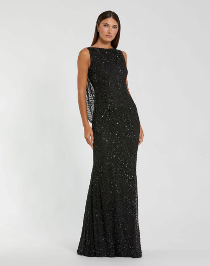 Black Beaded Open Back Column Gown