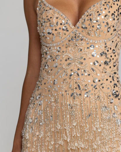 Beige Beaded Fringe Column Gown With Slit