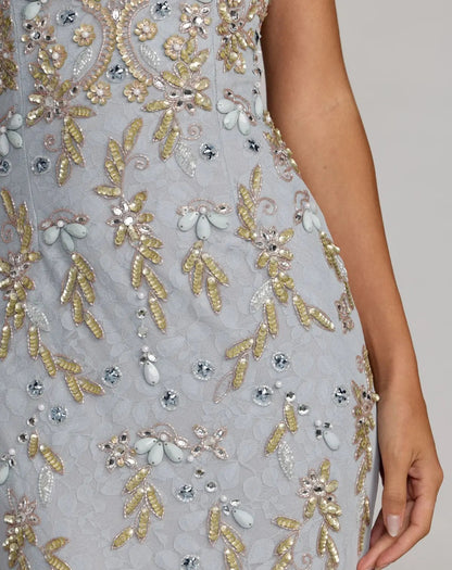 Blue Embellished Lace Sleeveless Gown