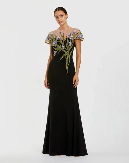 High Neck Floral Embroidered Jersey Gown