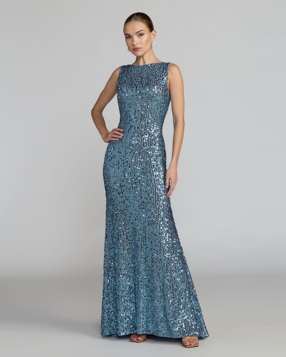 Cowl Back Boat Neck Sequined Evening Gown