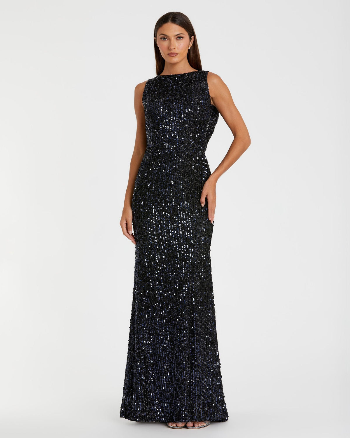 Cowl Back Boat Neck Sequined Evening Gown