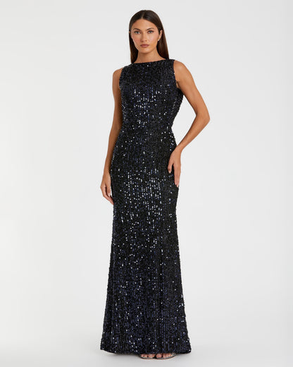 Cowl Back Boat Neck Sequined Evening Gown