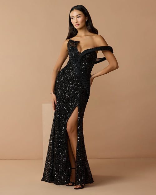 Embellished Strapless Gown with Sculptural Drape