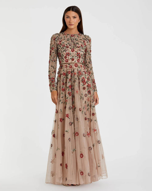Embellished High Neck Long Sleeve A Line Gown