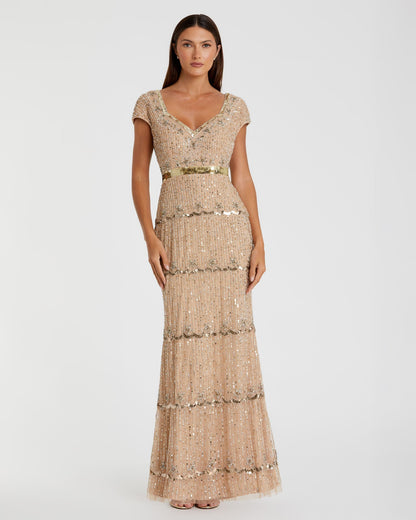 Cap Sleeve Sweetheart Neckline Beaded Sequin Column Gown