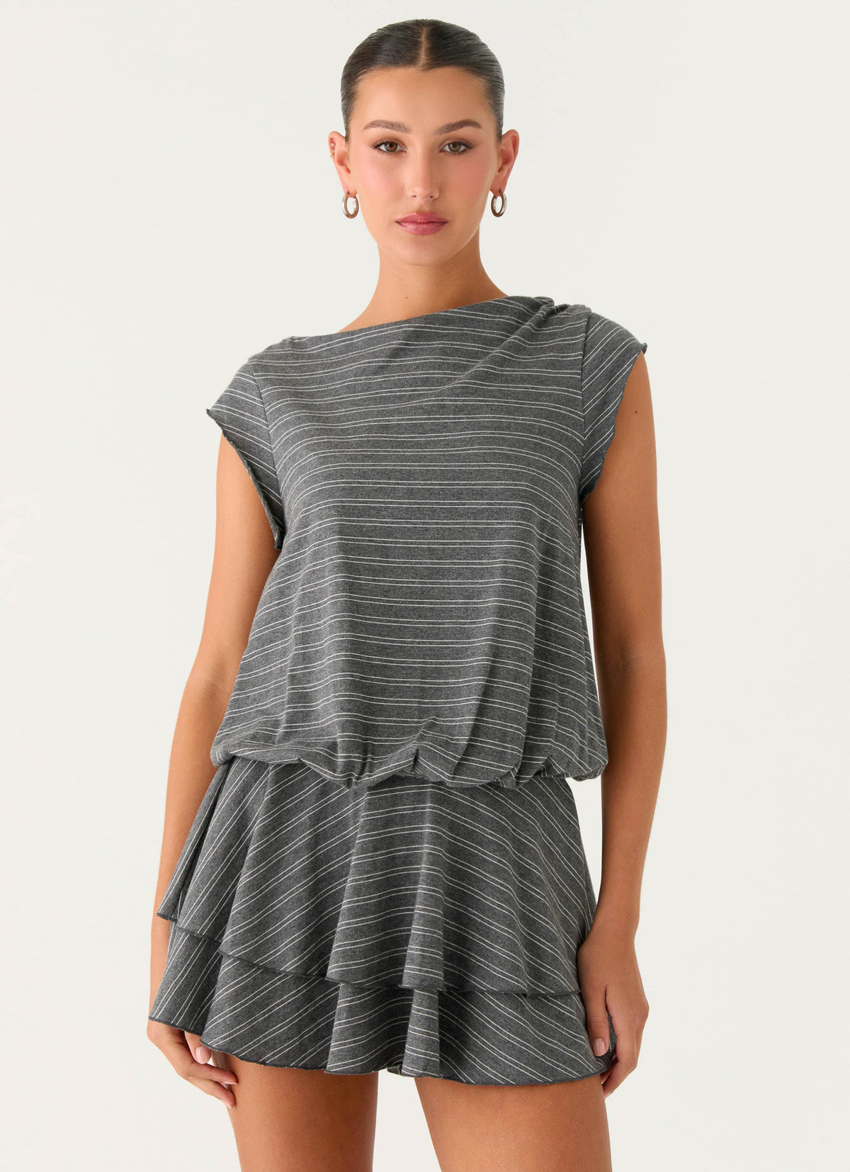 Bambola Wide Neck Mini Dress - Grey Marle Stripe