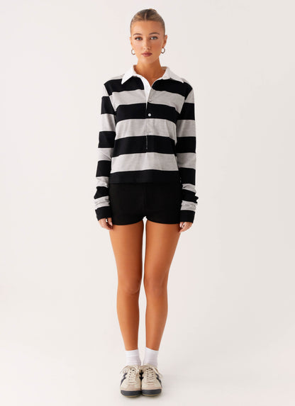 Beckett Polo Top - Grey Black Stripe