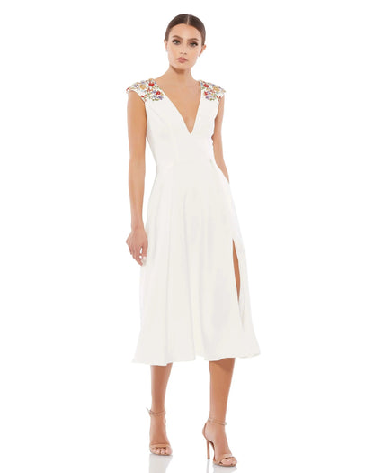 Beaded Cap Sleeve A Line Midi Dress