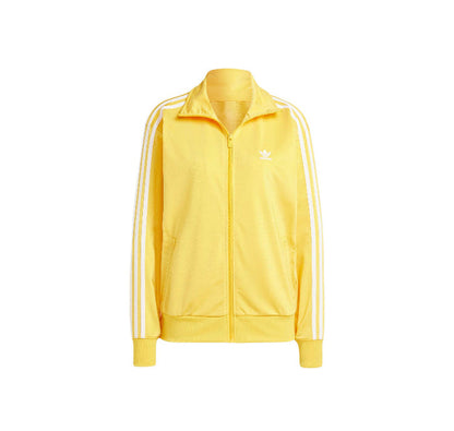 Yellow track jacket with Adidas logo, full-zip front, and three side stripes
