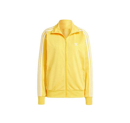 Yellow track jacket with Adidas logo, full-zip front, and three side stripes