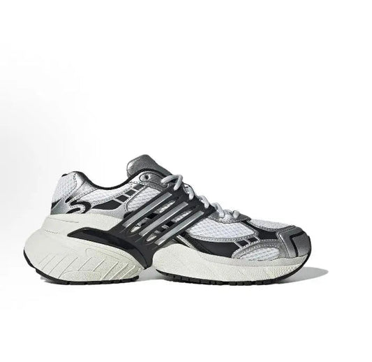 White and dark gray low-top running shoes with black stripes and lace-up front