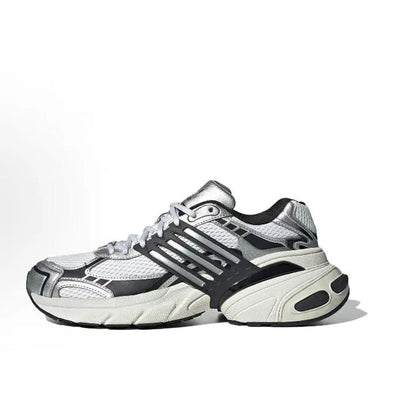 White and dark gray lace-up running shoes with black stripes and chunky sole