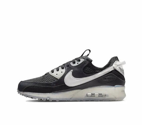 Nike Air Max 90 sneaker, dark black with white swoosh and clear Air heel unit