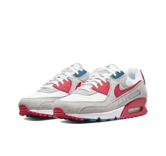 Air Max 90 sneakers, white with red panels and blue/red Air unit at heel