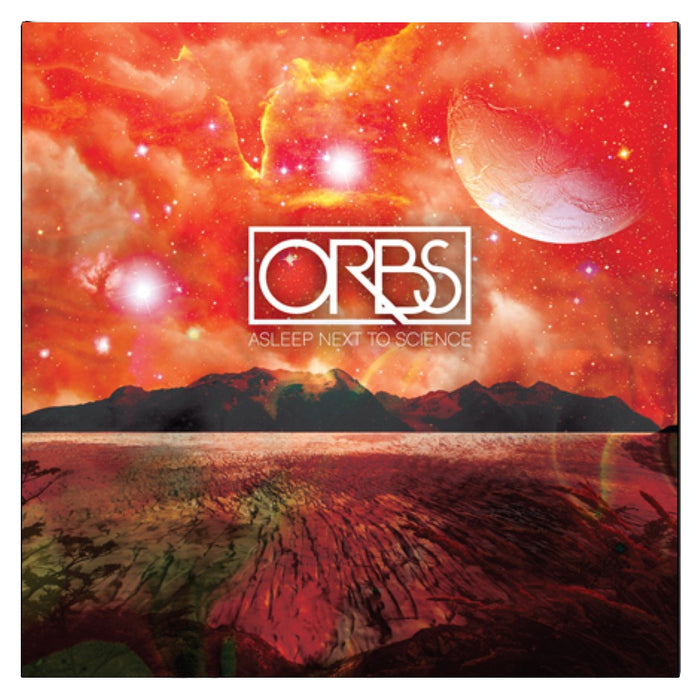 Orbs: Asleep Next to Science album cover shows a surreal red sky with stars, a large planet, glowing clouds over dark mountains and reflective water, with “The Northwestern Bearitories” plus the band and album name centered.