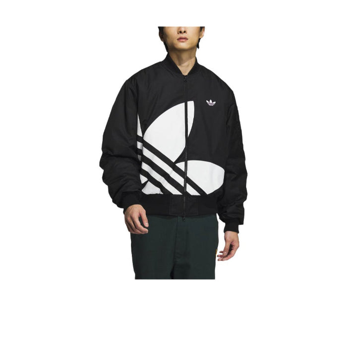 Black bomber jacket with front zip and bold logo print, ribbed collar cuffs hem