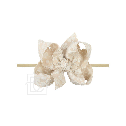 1/4" PANTYHOSE HEADBAND W/ SCALLOPED EDGE LACE FLOWER BOW: 3.5" Medium