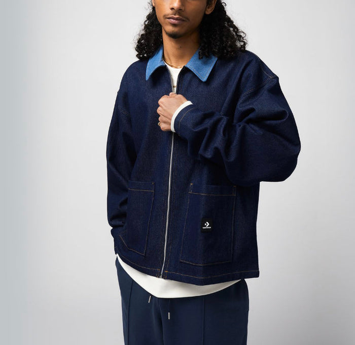 Converse One Star denim jacket dark navy with zip front, flap chest pockets, side pockets
