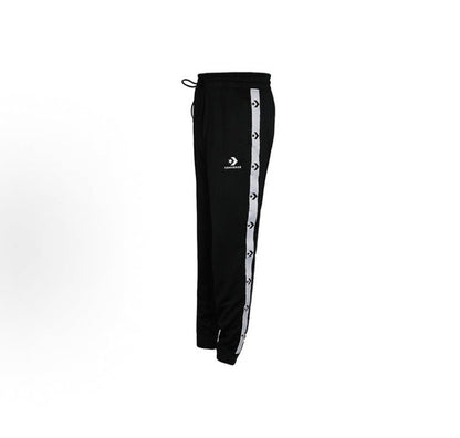 Black track pants with white side stripe detail and drawstring waist