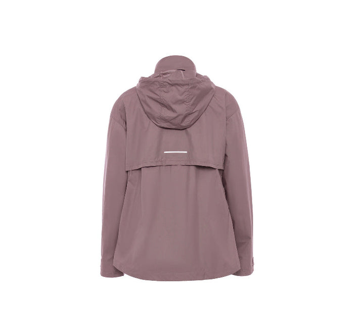 Mauve hooded windbreaker jacket with back yoke and drawstring hood