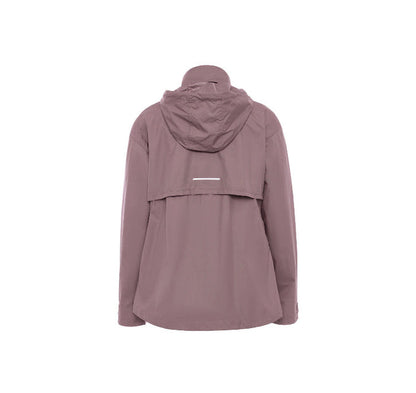 Mauve hooded windbreaker jacket with back yoke and drawstring hood
