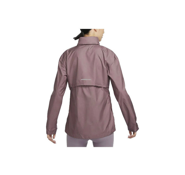 Mauve hooded windbreaker jacket with back yoke panel and full-length zipper