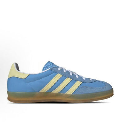 Adidas Gazelle Indoor low-top sneakers in blue with yellow stripes, white laces