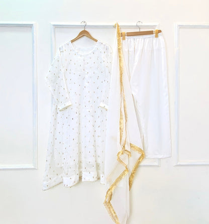 Golden Sparkle Flared Frock 3PC (Chiffon) D-230