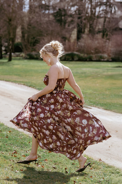 Angelique Strapless Maxi Dress - Brown Floral