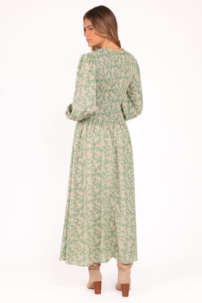 Ashara Long Sleeve Midi Dress - Green Floral
