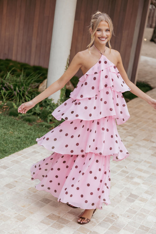 Chasity Halterneck Maxi Dress - Pink Polka Dot
