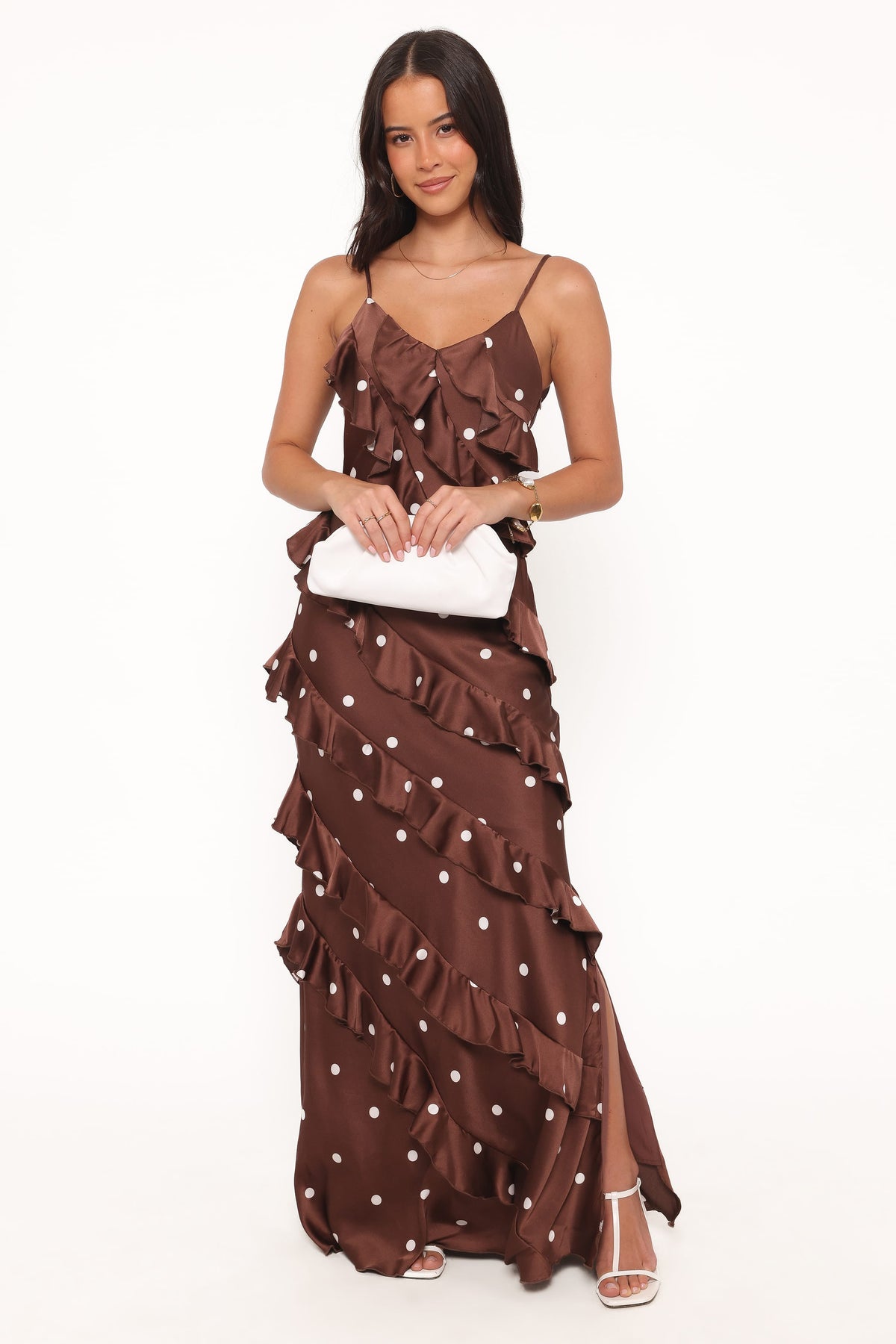 Ciao Ruffles Maxi Satin Dress - Brown Polka Dot