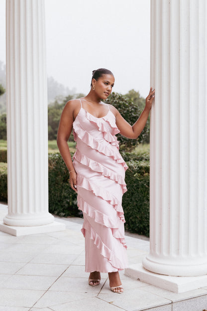 Ciao Ruffles Maxi Satin Dress - Pink