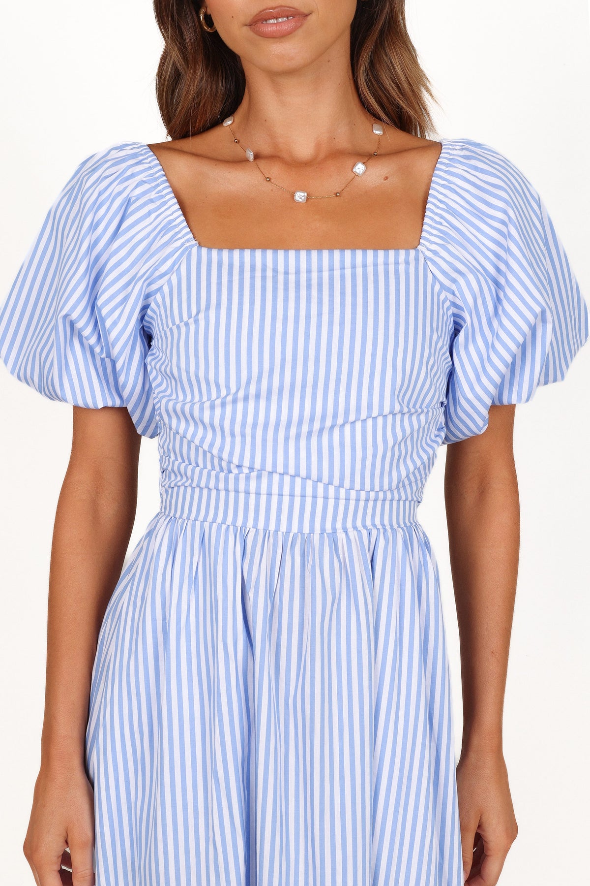 Clo Puff Sleeve Midi Dress - Blue Stripe