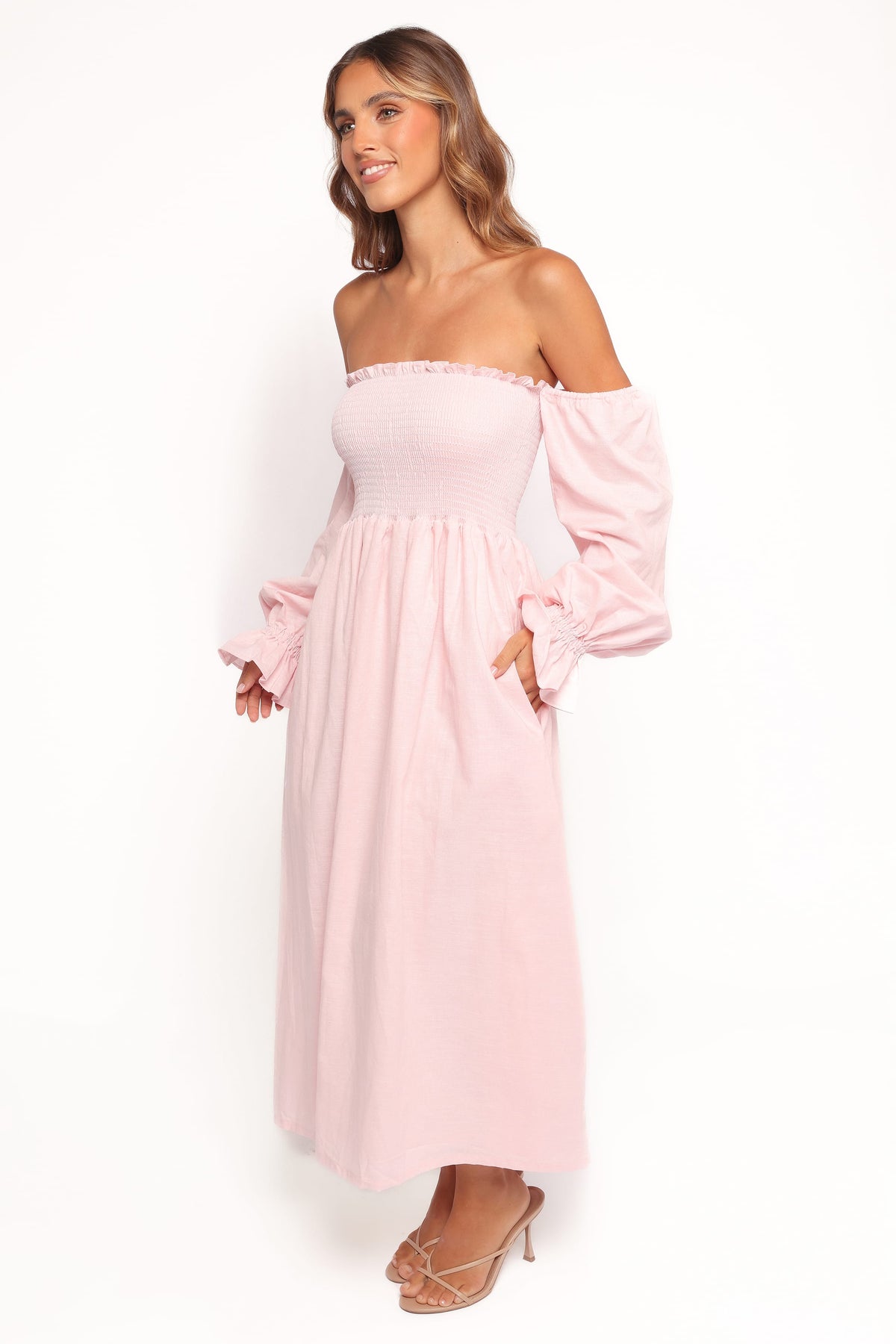 Domenica Shirred Long Sleeve Midi Dress - Pink