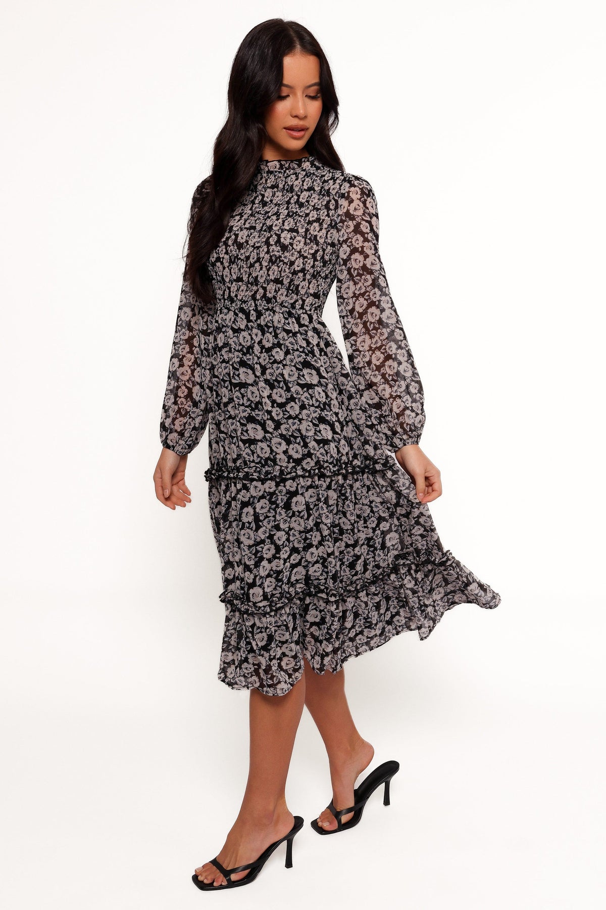 Edwina Shirred Frill Long Sleeve Midi Dress - Black Floral