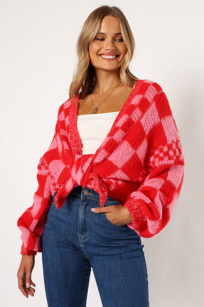 Davina Pattern Open Front Cardigan - Red/Pink